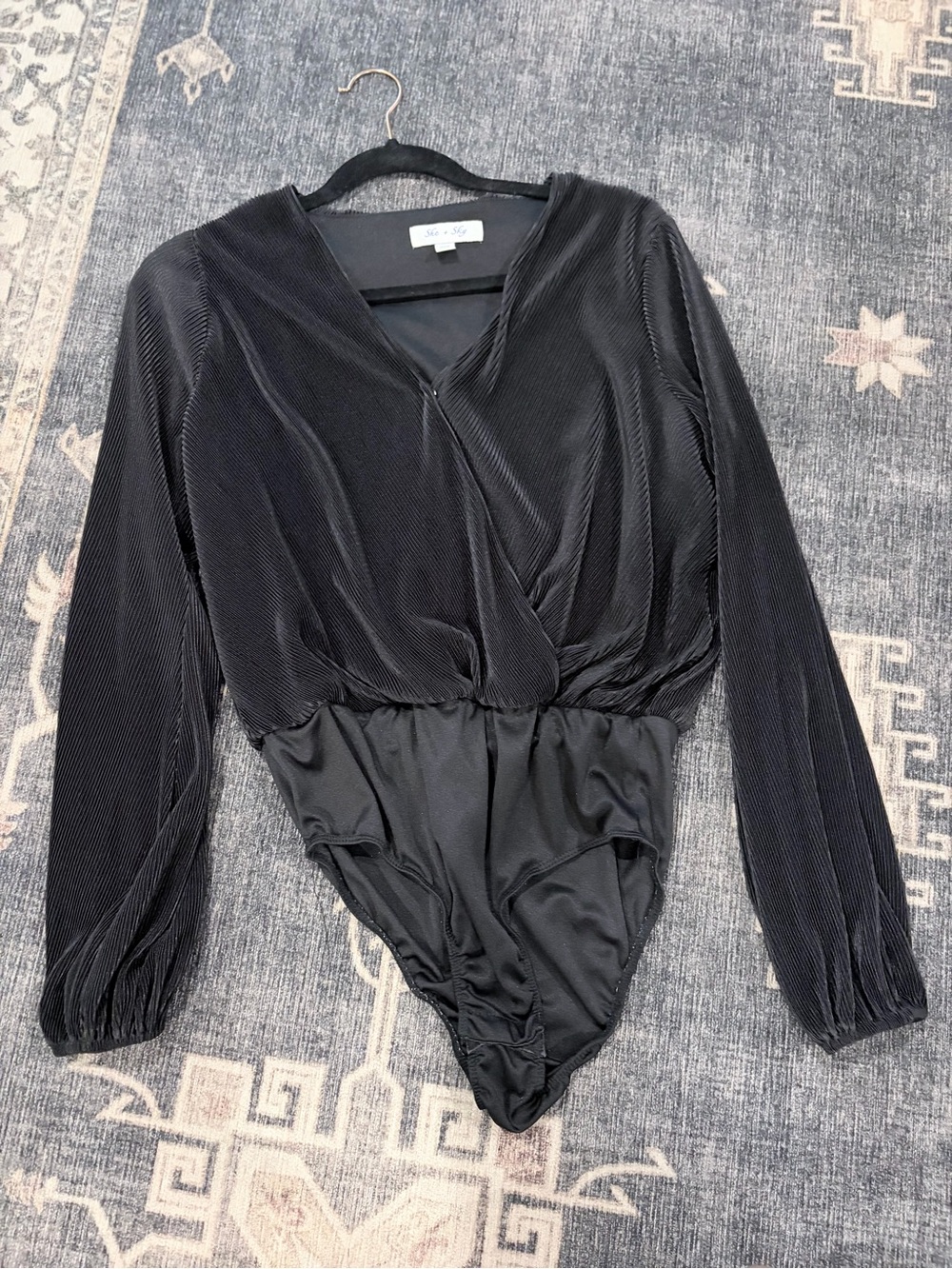 She & Sky Black Long Sleeve Surplice Bodysuit